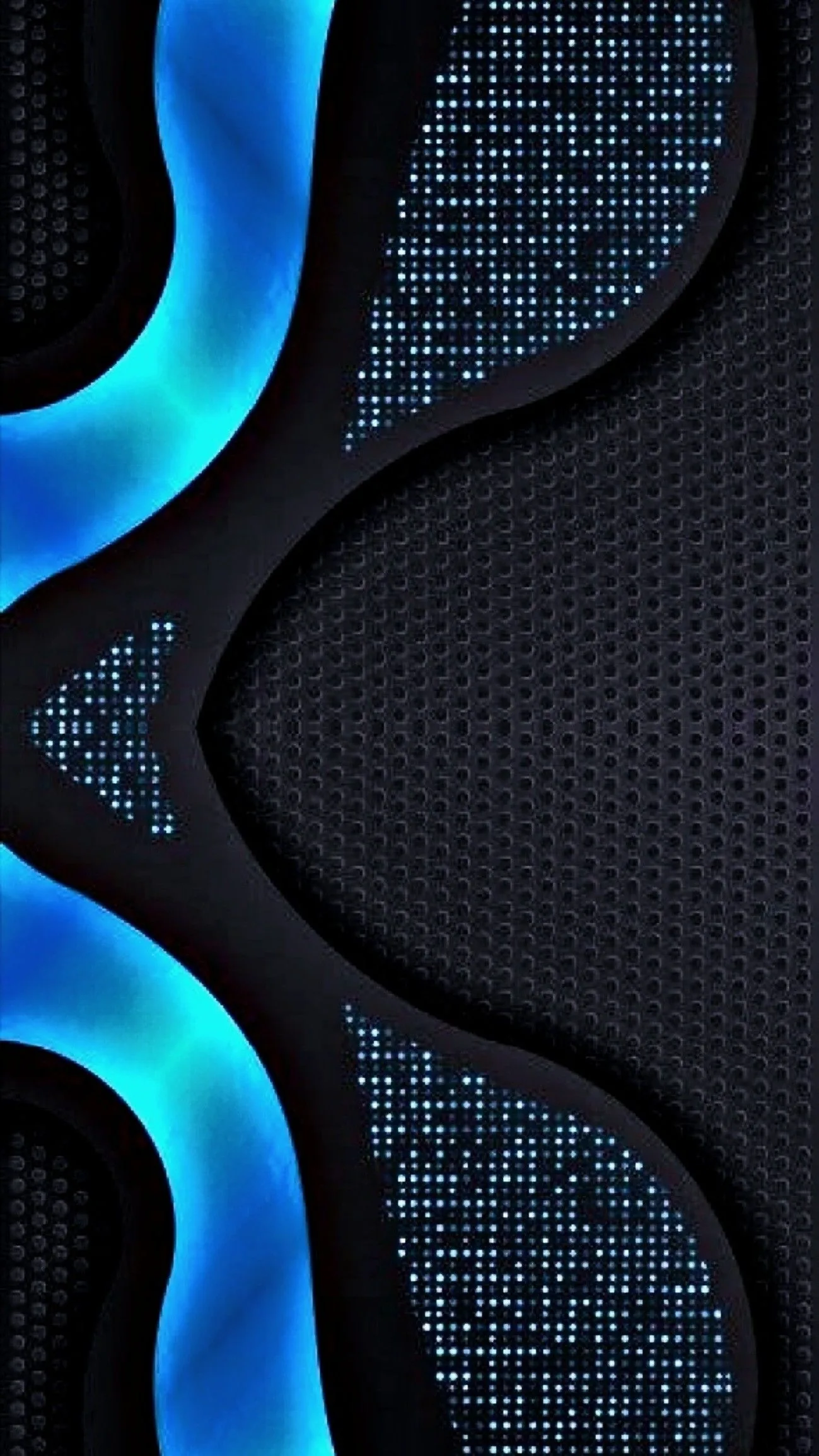 A bright cyan wave runs down the left side against a black panel punched with fine dots, the perforations fading out toward the corners.