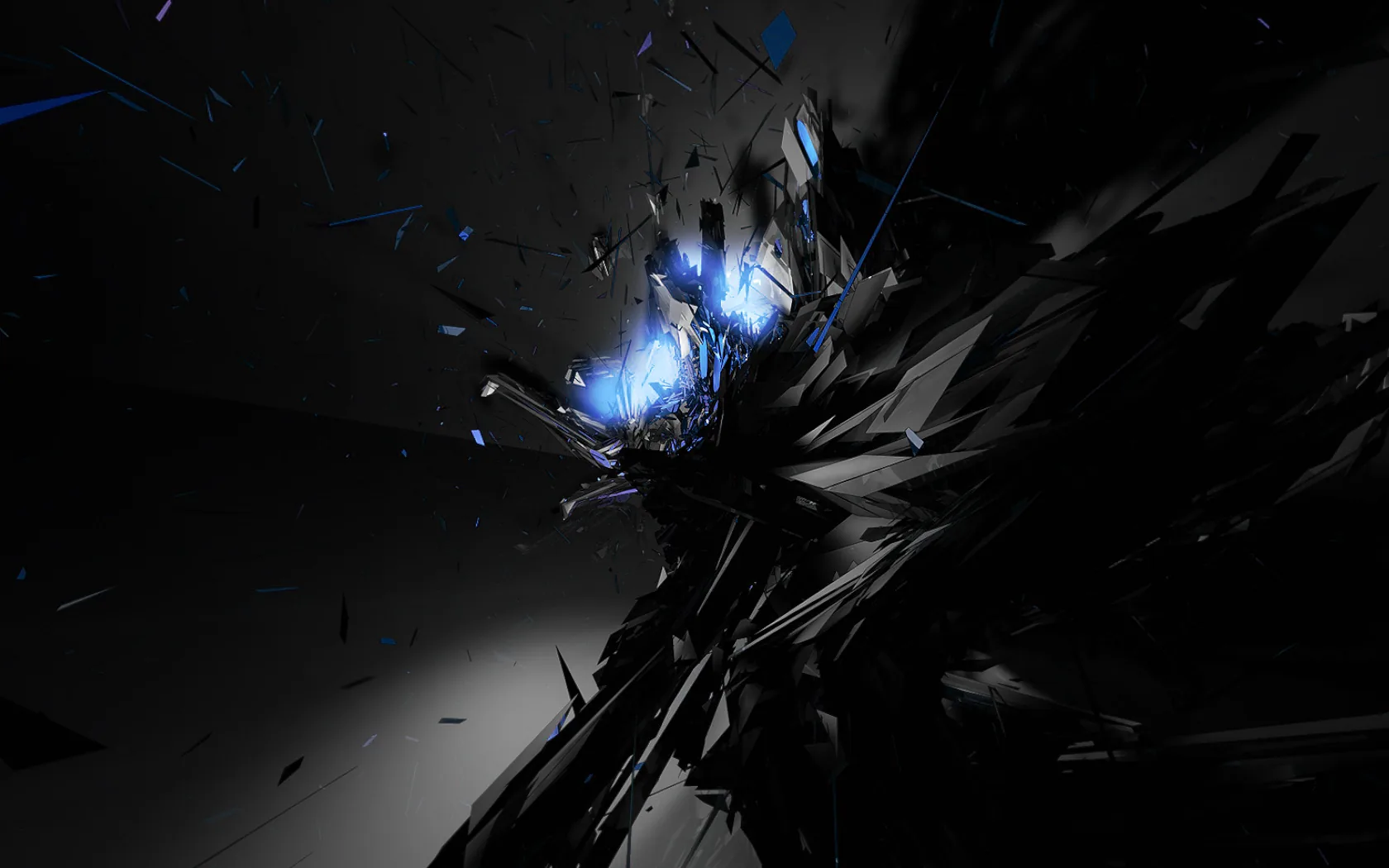 Jagged dark fragments erupt from the right with cold blue light burning at the core, splinters trailing off into the grey haze.