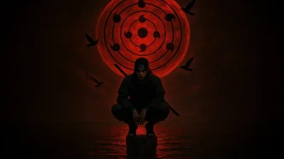 Crouching Shinobi Before a Red Sharingan HD Wallpaper
