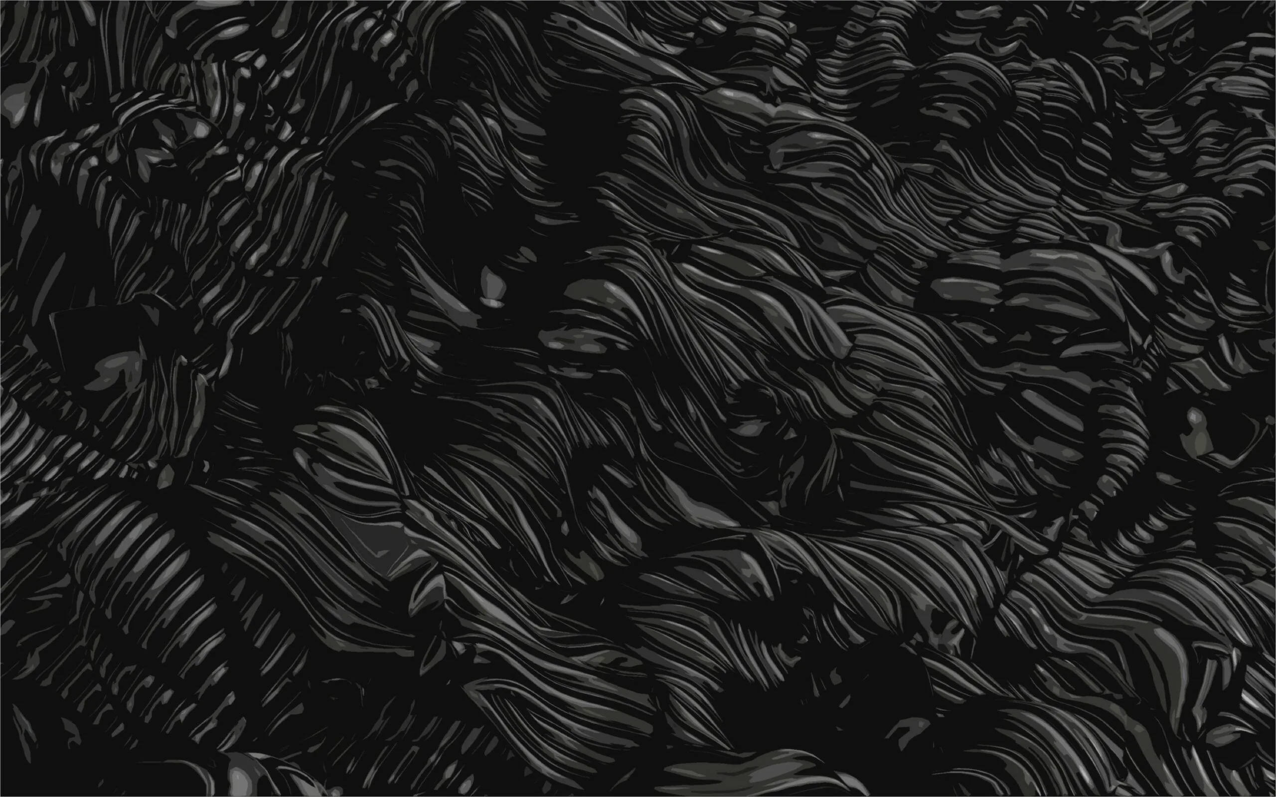 Thick black ridges twist over one another like sculpted clay, lit from the upper left so only the crests separate from the shadow.