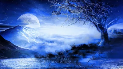 Full Moon over a Misty Blue Lake HD Wallpaper