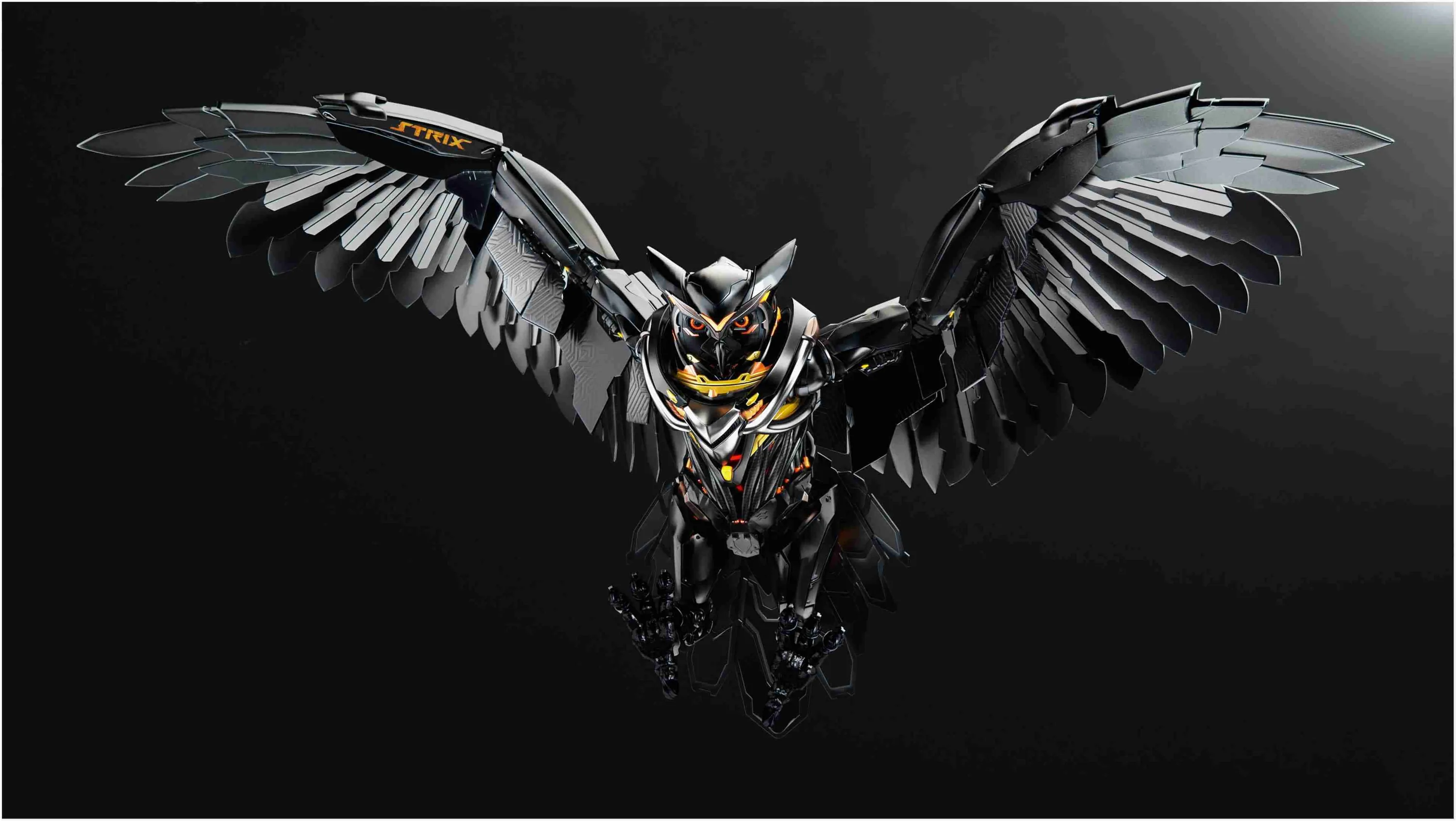 A robotic owl opens armoured wings wide in a symmetrical pose, gold detailing picking out its beak and talons over dark grey.