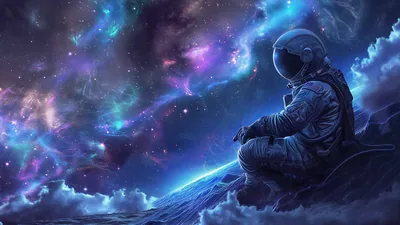 Kneeling Astronaut in Purple Nebula Art HD Wallpaper