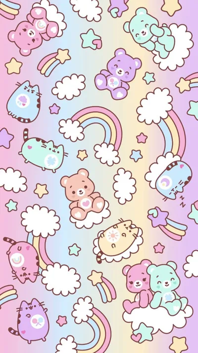 Teddy Bears and Rainbows Pattern HD Phone Wallpaper