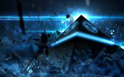 Neon Blue Pyramid with Floating Debris HD Wallpaper