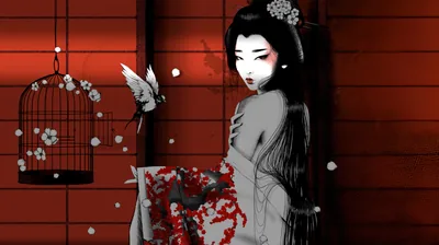 Geisha with Birdcage on Red HD Wallpaper