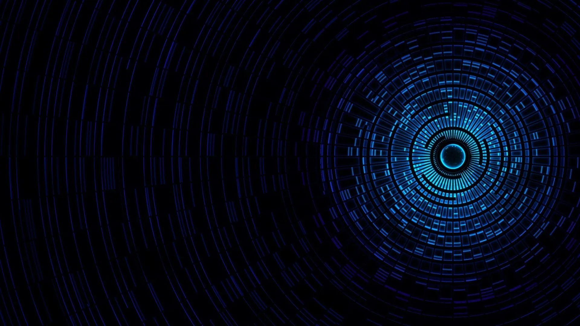 A ring of tiny blue squares spirals outward from a bright circular core on the right, leaving the whole left side of the frame empty and black.
