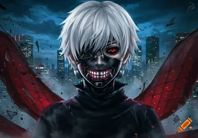 White haired anime character Ken Kaneki in a black mask with a red toothed smile