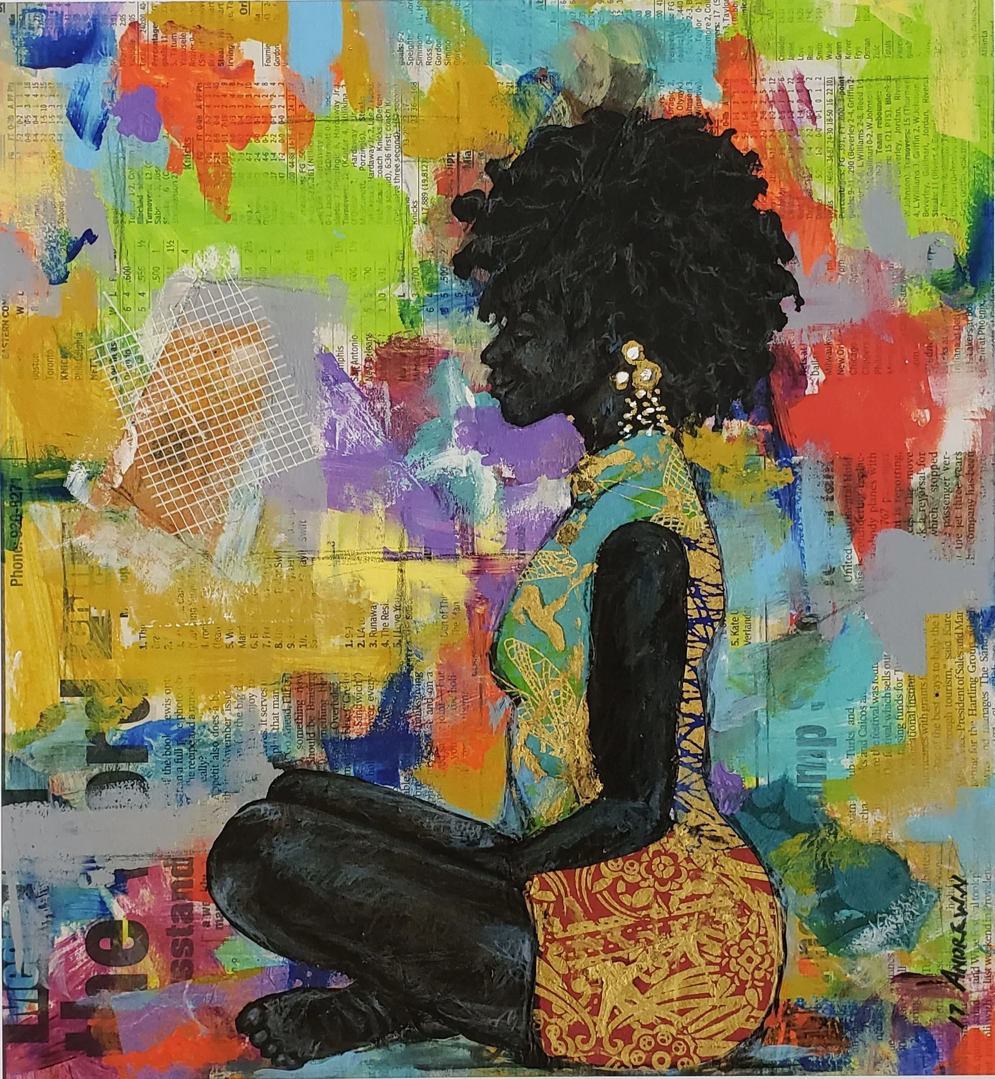 Mixed-media painting of a woman seated cross-legged in a yellow patterned dress, her jet-black profile set against a collage of newsprint and colour blocks.