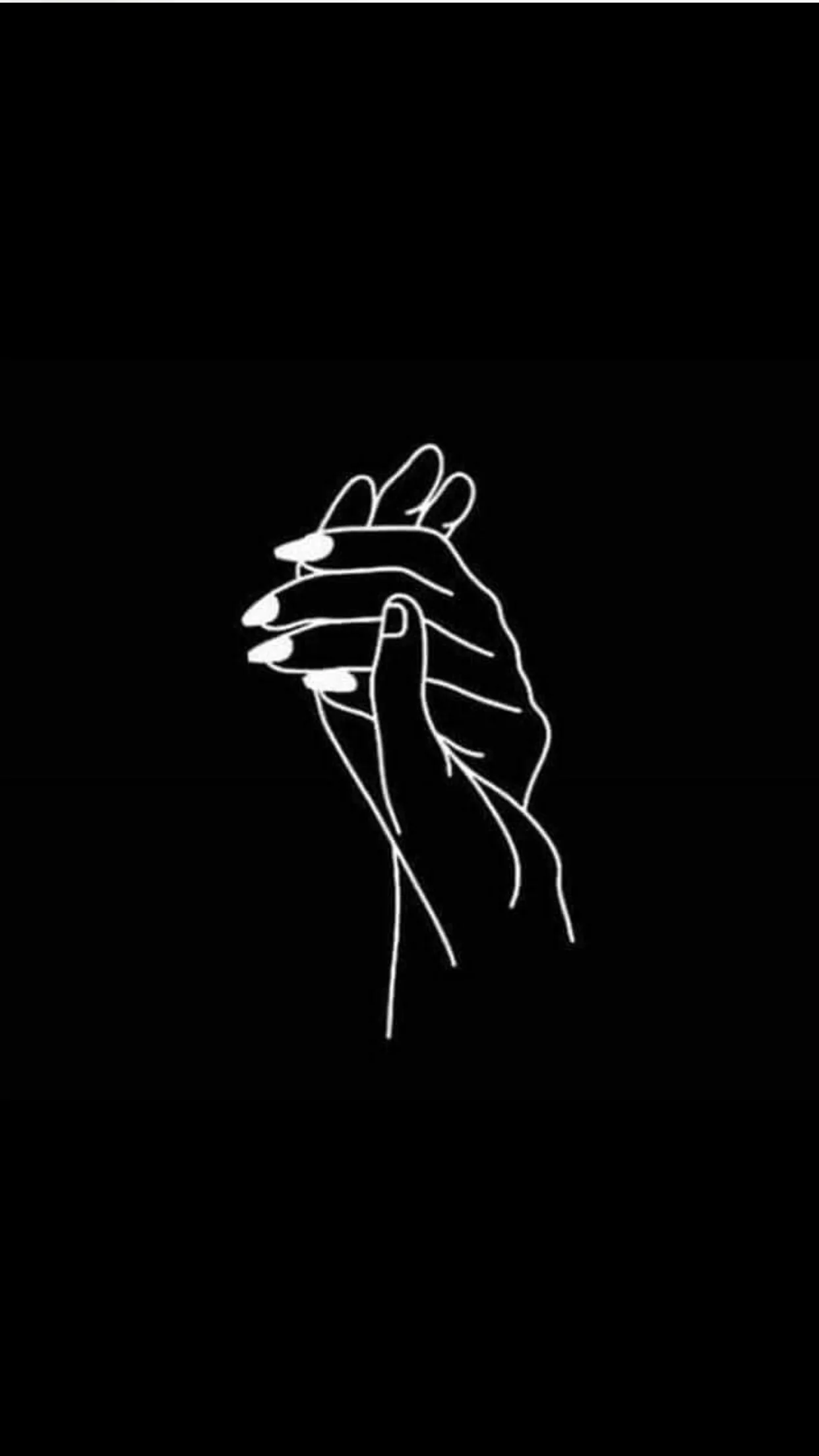 Two hands grip each other in thin white line art on solid black, only the fingernails filled in, the top third left empty.