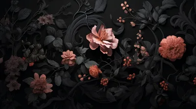 Dark Floral Wall with Coral Roses HD Wallpaper