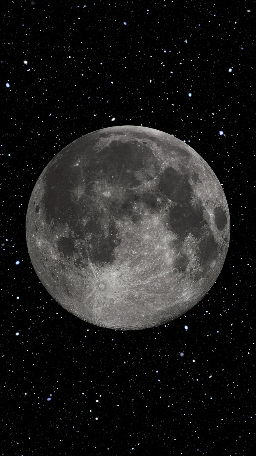 A grey cratered moon sits centred in a dense spread of stars, the star-filled top third keeping a lock-screen clock readable.