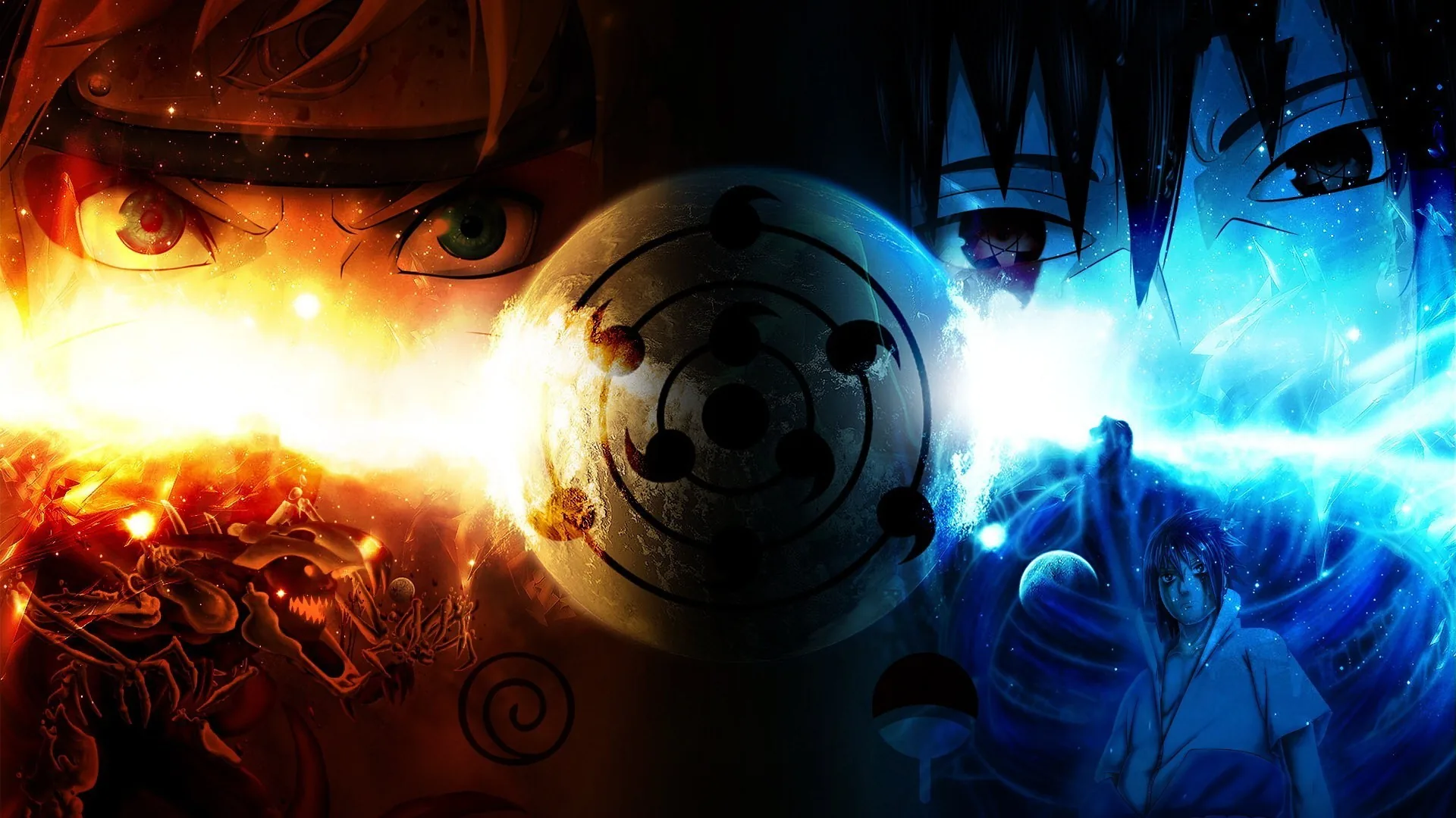 A giant Sharingan disc divides the frame between Naruto's fiery orange half and Sasuke's cold blue side, both faces glowing at opposite top corners.