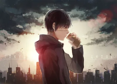 all, Male, Black, Hair, Brown, Eyes, City, Clouds, Drink, Eyepatch, Fuurin, Kaneki, Ken