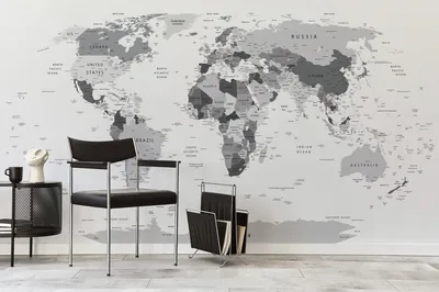 Black and White World Map Peel and Stick Wallpaper, Custom Removable Wall Mural