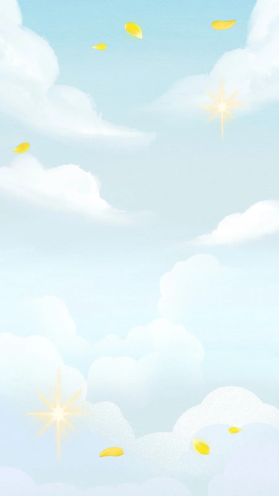 A pale watercolour sky of soft white clouds with gold sparkles and drifting yellow petals — light enough that dark icons stand out clearly.