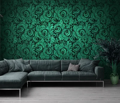 Modern Green Wallpaper With Ornaments, Wall Mural, Self Adhesive, Peel & Stick, Removab