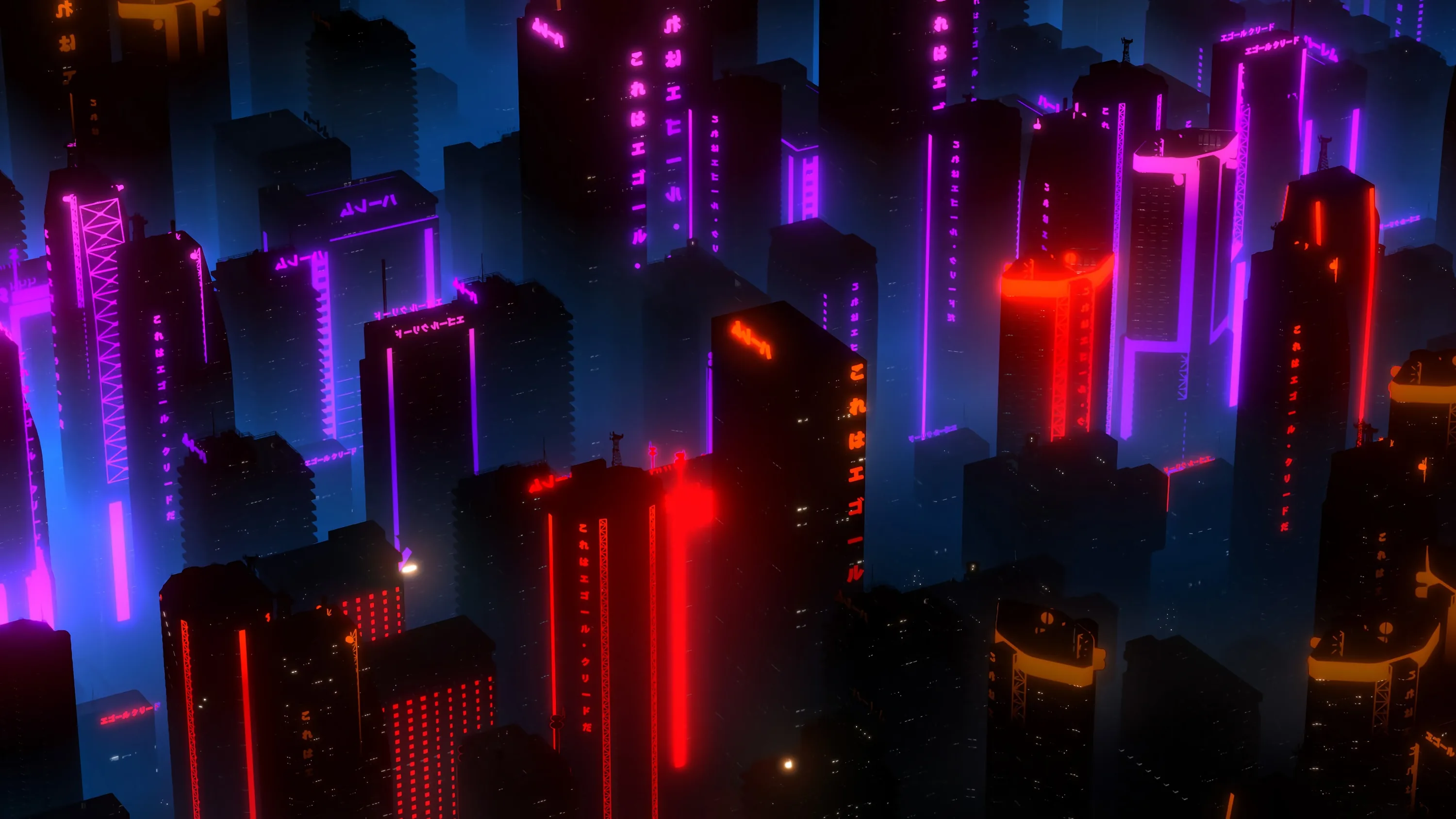 Dark skyscrapers seen from a high angle, their edges traced in red, violet and magenta, streets between them dropping into full black.