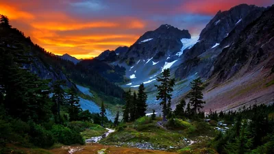 Fiery Sunset Over an Alpine Basin HD Wallpaper