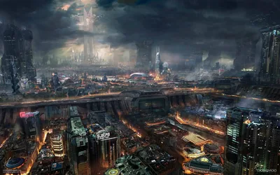 Dystopian Sprawl Under Storm Clouds HD Wallpaper