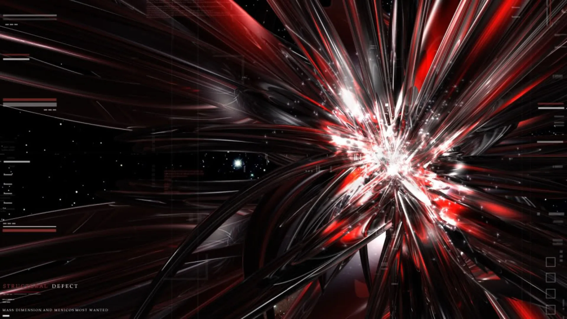 Shards of red and white light explode outward from a bright core, thin data readouts printed along the dark left edge.