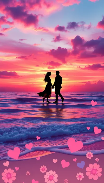 Couple Walking a Pink Sunset Beach HD Phone Wallpaper
