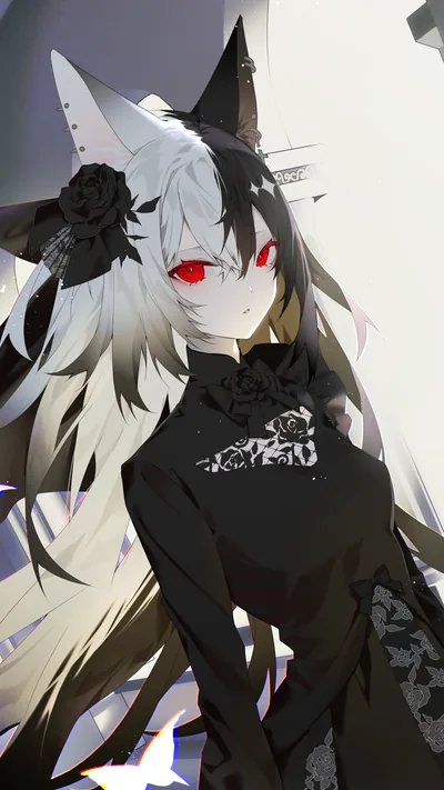 Elegant Anime Girl Wallpaper Dark Roses & Fiery Eyes