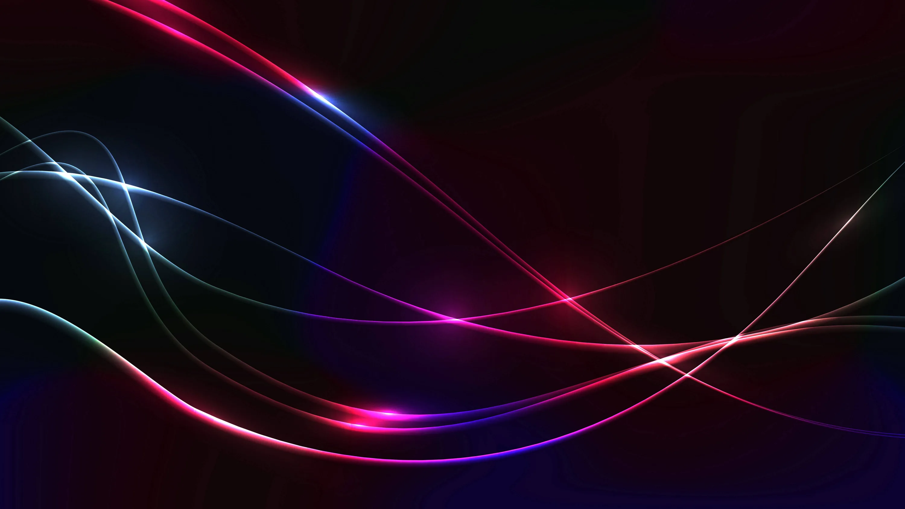 Smooth curved ribbons of light sweep across a dark background, crossing near the bottom where the pink glow is strongest.