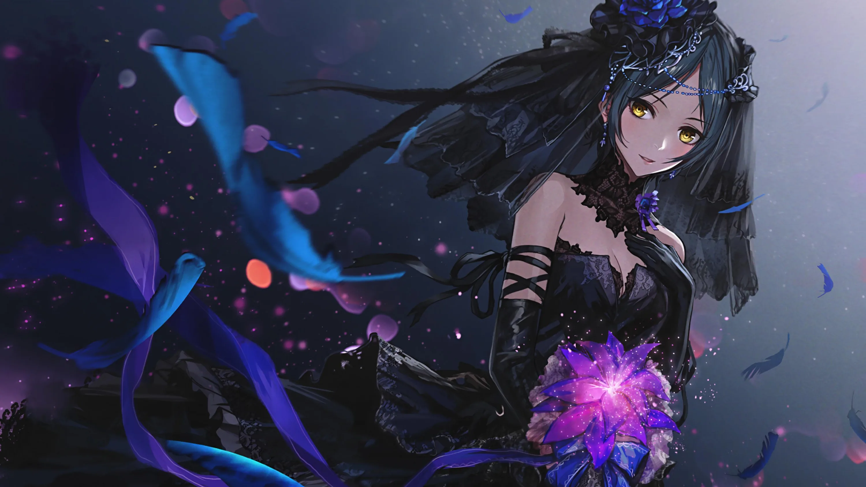 Black lace dress and a small crown, blue feathers drifting past her shoulder while the crystal in her hands lights the fabric from below.