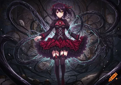 A full body anime girl with dark hair and heterochromia in a black and red gothic dress