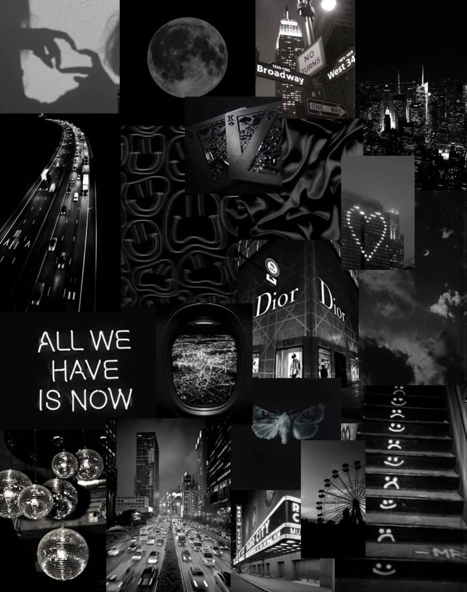 City streets, a full moon and shop signs tile across black, the quote set in white capitals along the left edge where the images thin out.