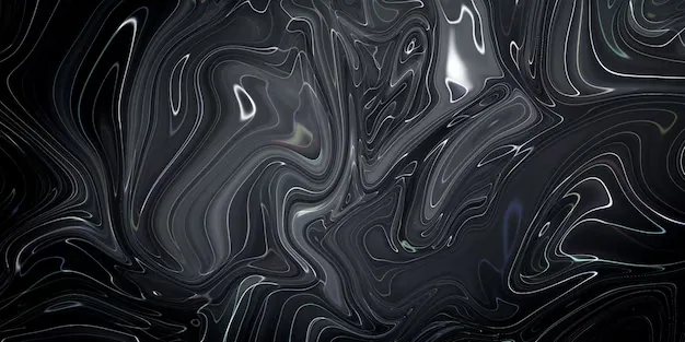 Poured ink marbles into ribbons of graphite and silver, the glossy surface catching highlights along every ridge and fold.