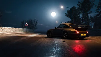 Porsche 911 on a Wet Road Under a Full Moon HD Wallpaper