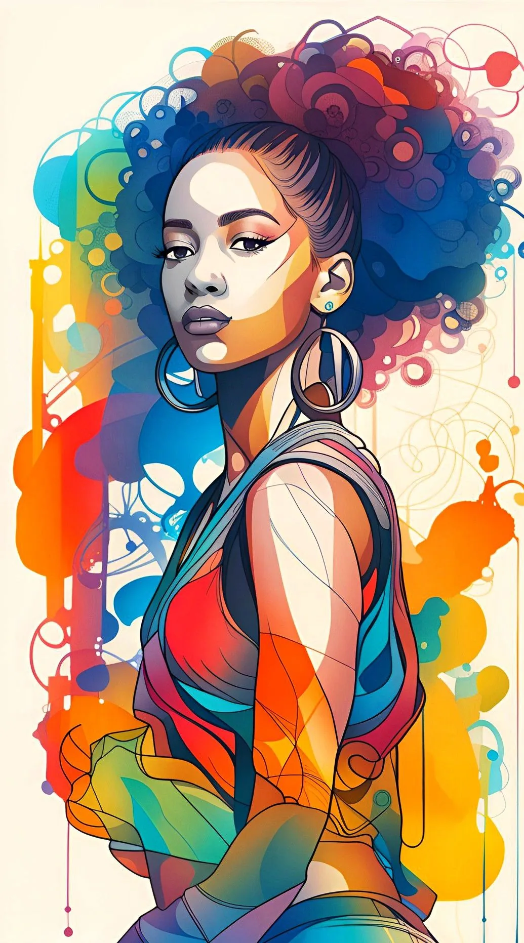 Street-art girl glances back, her afro dissolving into rainbow watercolor circles and drips, plenty of white showing along the left edge for icons.