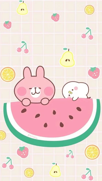 Pink Rabbit Peeking Over a Watermelon HD Phone Wallpaper