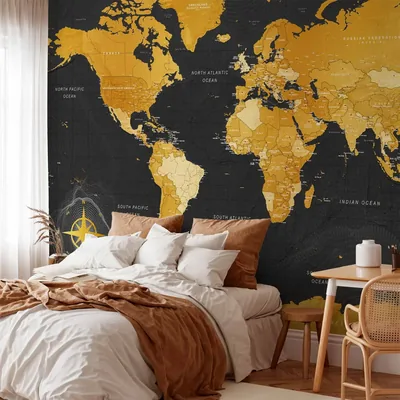 Photo Wallpaper Golden World World map on dark background bimago