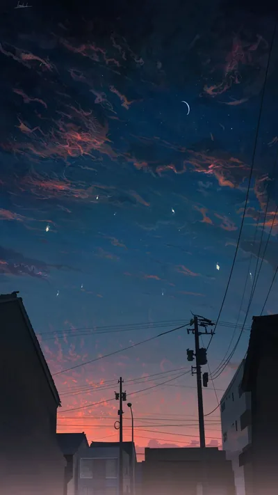 Telephone Poles Under an Anime Sky HD Phone Wallpaper