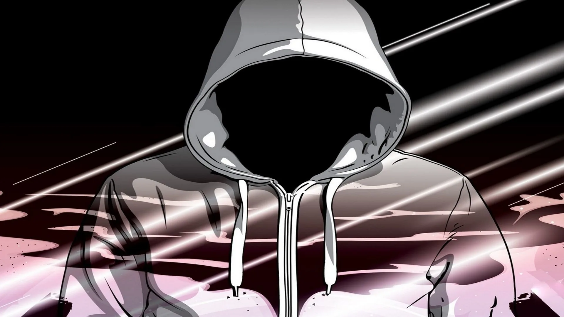 A white zip hoodie with an empty black void where the face should be, speed lines cutting diagonally through the background.