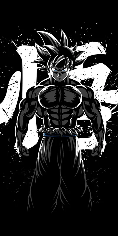 Goku stands in monochrome silhouette against a large white kanji, muscles picked out in hard contrast.