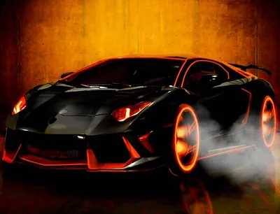 Glowing Orange Rims on a Black Aventador HD Wallpaper