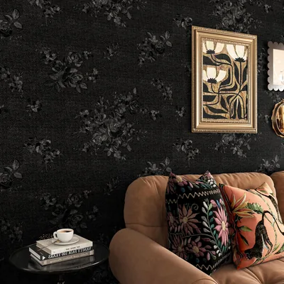 Livelynine Textured Floral Wallpaper Peel and Stick Black Flower Wall Paper for Bedroom