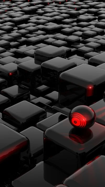 Red Sphere on Black Cubes HD Phone Wallpaper
