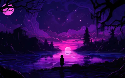 Girl Watching a Purple Sunset Lake HD Wallpaper