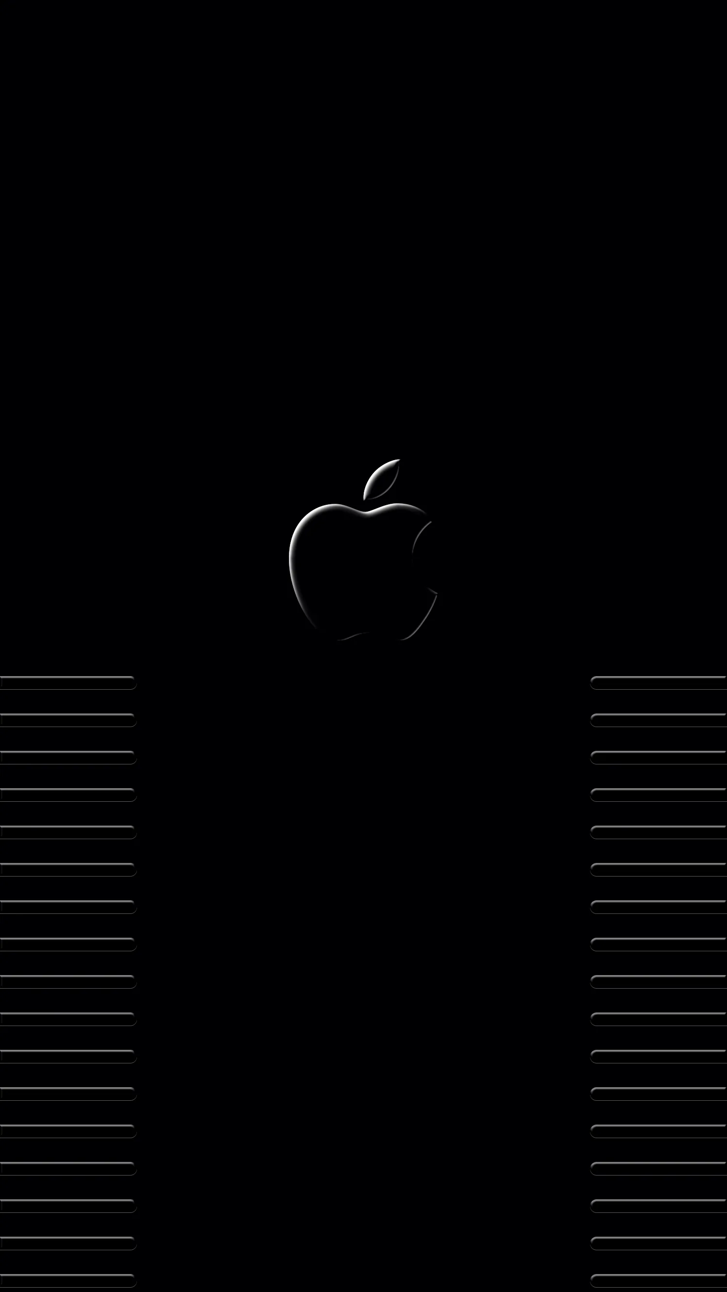 A glossy dark Apple logo sits high in the frame with two blocks of thin horizontal lines running below it, everything else flat black.