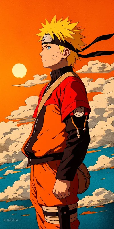 Retro Naruto Poster with an Orange Sun HD Phone Wallpaper